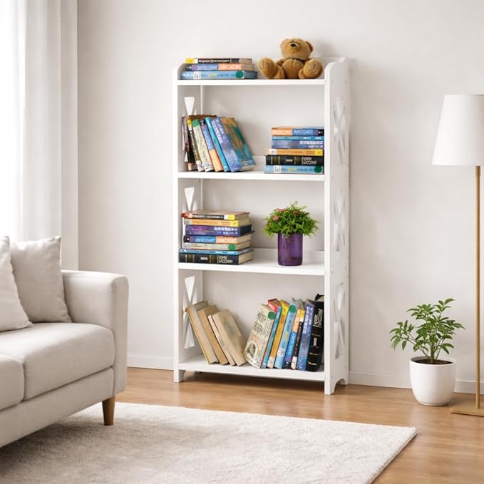 White Bookcase by Natural Wood, 4 Tier Bookshelf, Small Book Shelves Freestanding Display Storage Shelves. Open Bookshelf for Bedroom, Living Room and Office (White, 4 Tier)