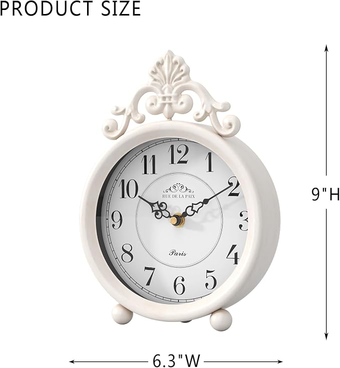 Vintage White Table Clock, Desk and Shelf Mantel Clock, French Rustic Antique Style Decor Clocks, for Farmhouse, Bedroom, Living Room, Bedside, Gift (9" H x 6.3" W)