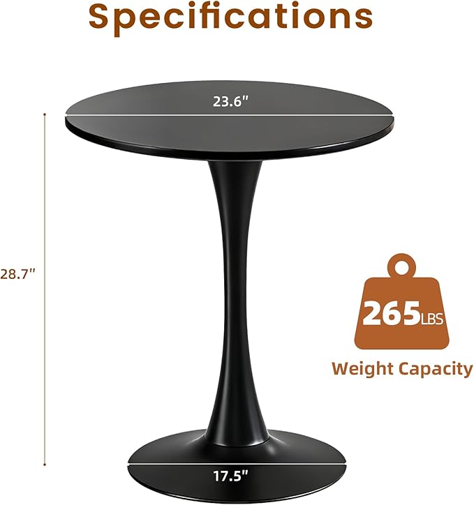 Round Dining Tulip Table for 2, Mid-Century Modern Table with Sturdy Metal Pedestal for Kitchen, Bistro, Cafe, Leisure (Black, 24 INCH)