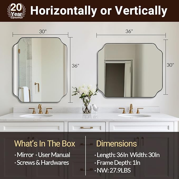 ANDY STAR 30x36 Inch Chrome Bathroom Mirror, Polished Nickel Vanity Mirror, Scalloped Mirror in Anti-Rust Stainless Steel Metal Thin Frame, Unique Rounded Notched Corners, Vertically/Horizontally