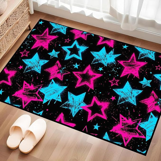 2'x3' Neon Star Area Rug Black Pink and Blue Floor Mat Abstract Star Print Rugs Washable Non-Slip Carpet for Entryway Bedroom Living Room Nursery Kitchen Playroom Home Decor