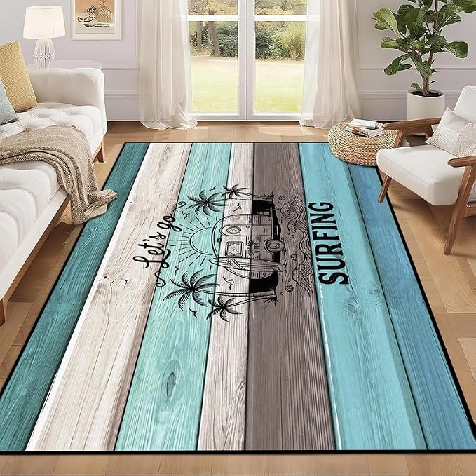 Surfing Area Rug Beach Van Palm Tree Carpet Retro Wood Grain Striped Rugs Non Slip Washable Floor Mat for Bedroom Living Room Nursery Playroom Classroom Home Decor,4'x6'