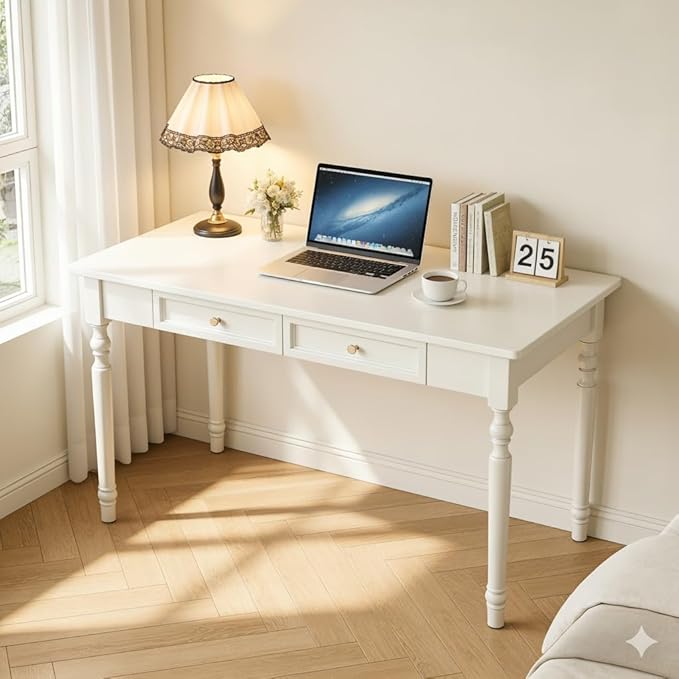 Solid Wood Desk with Drawers,Small Computer Desk for Small Spaces,Gaming Study Home Office Desks for Work,Student PC Desk for Bedroom,Escritorios para Cuartos (White, 39.4'' x 23.6'' x 29.5'')
