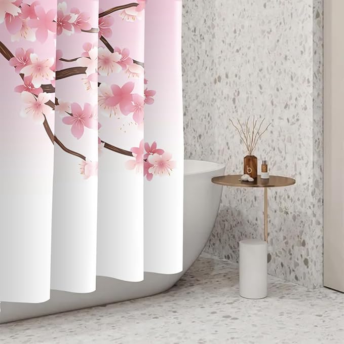 Cherry Blossom Shower Curtain Romance Pink Floral Branches Shower Curtains for Girly Woman Bathroom Accessories Waterproof Polyester Fabric with Hooks, 72 x 72 Inch