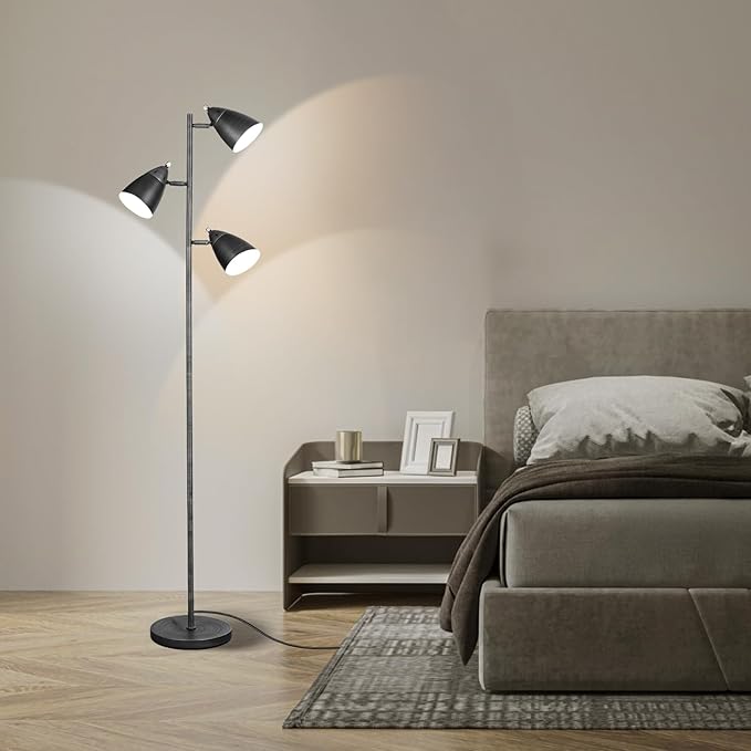 LALISU Tree Floor Lamp for Living Room, Industrial 3-Light Standing Lamp with 3 LED Bulbs, Adjustable Rotation Heads, Standing Tall Pole Lamp Farmhouse Rustic Reading Lamps (Brushed Black)