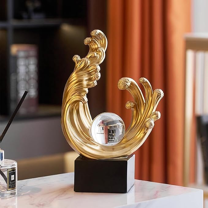 Modern Abstract Decorative Wave Statue, Gold Abstract Art Home Decor,Crystal Ball Art Wave Resin Sculpture, Office Desk Stand, Dining Table Center Decorative Aesthetics(A,Gold)