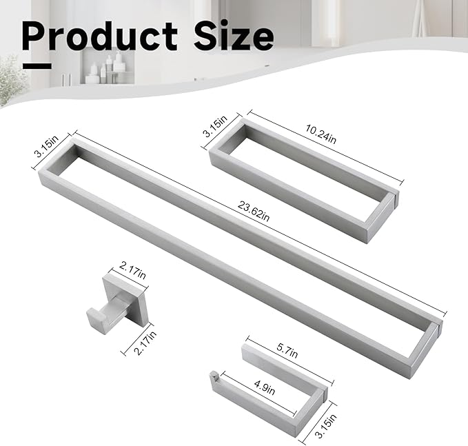 TNOMS Brushed Nickel Towel Bar Set,5-Pieces Bathroom Hardware Accessories Set,Towel Racks Set for Bathroom 23.6 Inch Towel Bar Stainless Steel Wall-Mounted