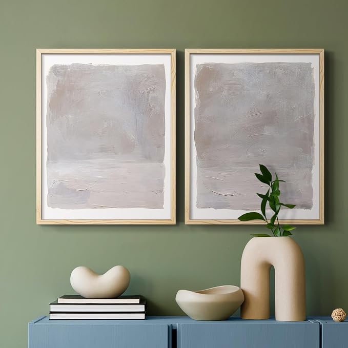 Renditions Gallery Set of 2 Peel & Stick Framed Prints, Watercolor Abstract Wall Art, Neutral Tones Textured Brushstrokes Wall Decor, Re-Stickable - Ready to Hang - 22"x28" - NATURAL WOOD Frame LT588