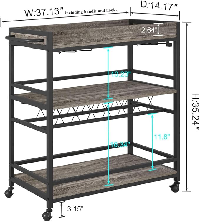 BON AUGURE Bar Cart, Home Bar Serving Cart on Wheels, Mobile 3 Tier Liquor Beverage Carts with Wine Rack and Glass Holder (Grey Oak)