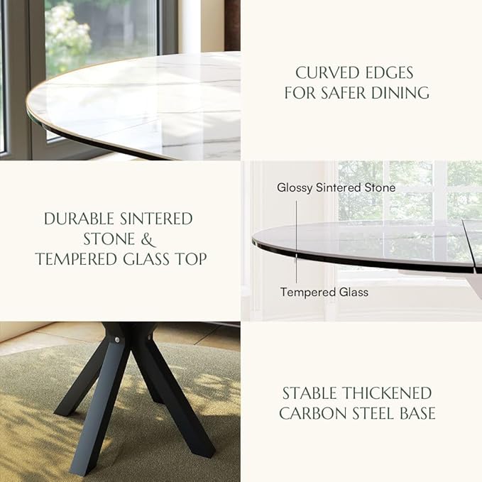 POVISON Modern Extendable Dining Table, 47" to 63" Round to Oval Sintered Stone Kitchen Table with Carbon Steel Pedestal Base for 4-6, White with Black(Table Only