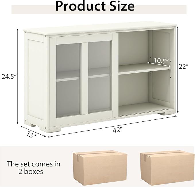 Byroce Sideboard Buffet Cabinet, Stackable Storage Coffee Bar Cabinet w/Adjustable Shelf & Glass Sliding Doors, Wood Cupboard Credenza Console Table for Kitchen Dining Living Room (2, Antique White)