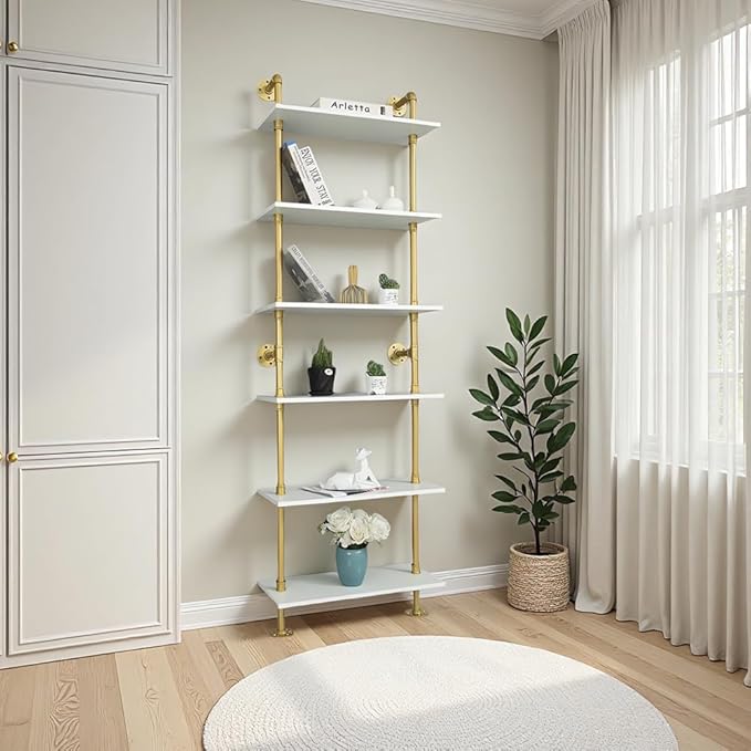 ZIOTHUM 6 Tier Gold Bookshelf, White and Gold Shelves, Modern Shelves Shelf Bookcase Metal Mid Century Open Industrial Wall Mount Accents Decor Retail Shelving Vertical for Living Room