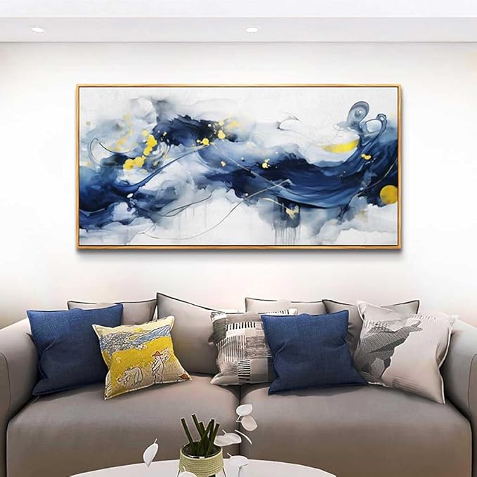 hyidecorart Wood Framed Wall Art For Living Room Large Size Wall Decor For Office Bedroom Wall Decorations Pictures Artwork Blue Abstract Ink Paintings Canvas Art Prints Ready To Hang Home Decor