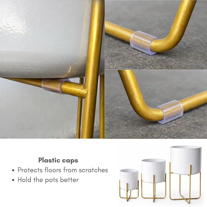 Kirpi Modern Planter Pots, Set of 2 Round White Planters with Gold Stand, Decorative Floor Planters, Metal Pots with Drainage Holes for Living Room, Office, Garden, 7 and 9 Inch Diameter