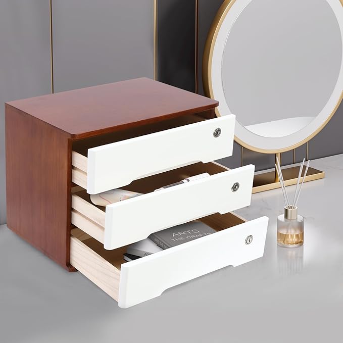 Wooden Desk Organizer with Drawers & Lock Desktop Storage Cabinet Tabletop Organizing Unit for Home Office Supplies File Stationery Jewelry (Dark Brown, 3 Tiers)