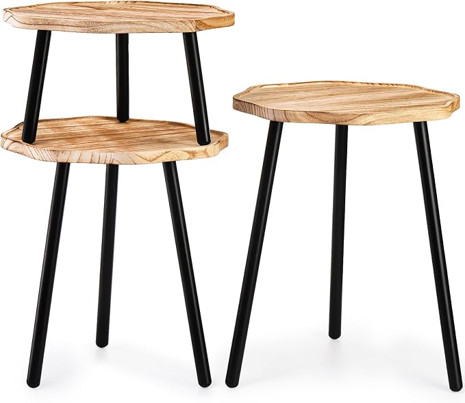 Frcctre 3 Pack Indoor Plant Stand, Wooden Mid Century Plant Stand Tall Plant Table Plant Holder Plant Riser for Flower Pots, Modern Home Decor Octagonal Shape Small Side End Table