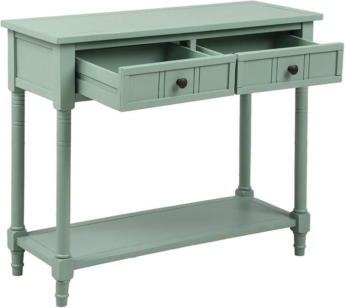 35.43” Console Table with Drawers & Bottom Open Shelf, Rustic Entryway Table with Storage, Retro Blue