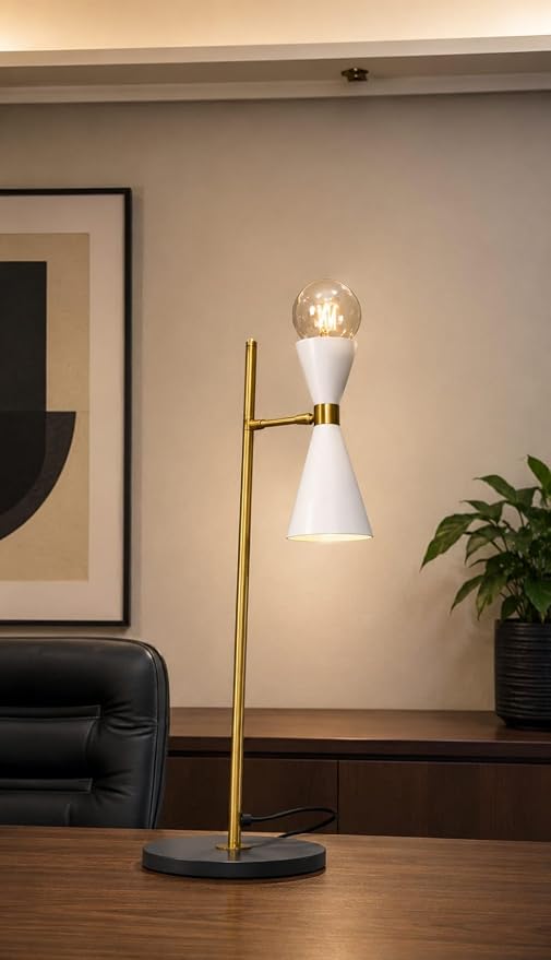 Mid-Century Modern Table Lamp, White and Gold, Dual Cone Shade, Exposed Bulb, Marble Base