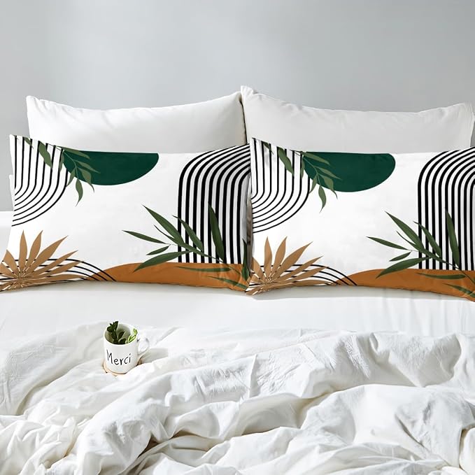 Erosebridal Mid Century Green Duvet Cover Queen for Kids Teens Adults,Abstract Modern Sun Comforter Cover,Minimalist Aesthetic Bedding Set,Geometric Leaves Bed Set 3 Pcs Bedroom Decor