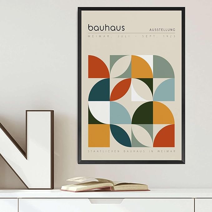 Poster Decorative Canvas Painting Bauhaus Exhibition Poster Geometric Print Abstract Wall Art Mid Century Modern Beige Orange Sage Decor Modern Art Decoration for Living Room Bedroom and Office 16x24inch metal frame
