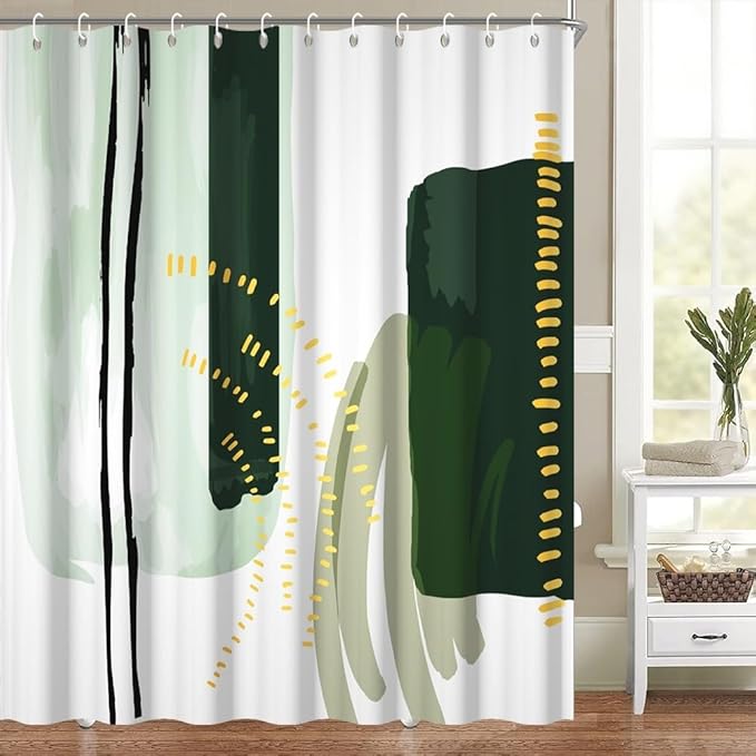 Abstract Geometric Shower Curtain for Bathroom Modern Minimalist Neutral Bathroom Decor Set Green Chic Boho Bathtub Curtain for Hotel Machine Washable Waterproof Polyester Fabric with Hooks 54x72 Inch