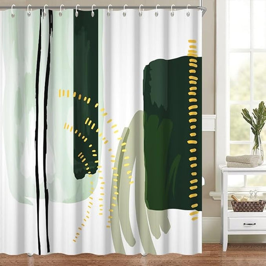 Abstract Geometric Shower Curtain for Bathroom Modern Minimalist Neutral Bathroom Decor Set Green Chic Boho Bathtub Curtain for Hotel Machine Washable Waterproof Polyester Fabric with Hooks 54x72 Inch