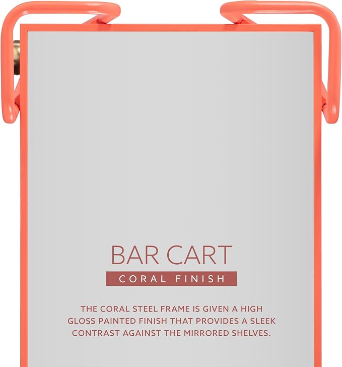 Gina Coral Mid-Century Bar Cart with Mirrored Shelves and Locking Wheels by Linon