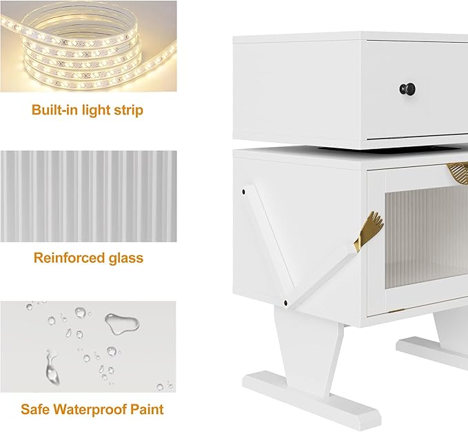 RoyalCraft Large Nightstand with LED Lights, White End Table with 360°Rotating Drawer, Modern Bedside Table with Storage, Wood Night Stand for Bedroom, Home Office, White