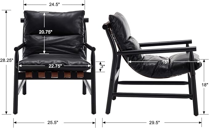 DUOMEI Faux Leather Accent Chair Set of 2, Mid Century Modern Living Room Chairs with Solid Wood Frame, Upholstered Lounge Reading Chair Comfy Arm Chair Cozy Recliner for Bedroom/Guest Room, Black