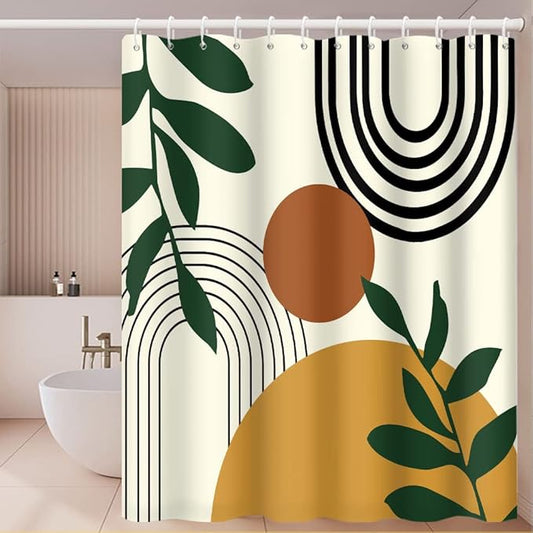 Abstract Mid Century Bohemian Bathroom Shower Curtain Orange Sun Green Eucalyptus Leaves Arch Shower Curtain with Hooks Waterproof Fabric Polyester Shower Curtain Home Decor, 60x72 Inch