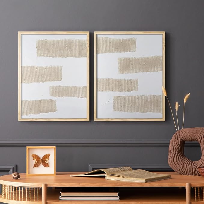 Renditions Gallery Set of 2 Peel & Stick Framed Prints, Modern Abstract Wall Art, Textured Brush Strokes Wall Decor, Re-Stickable - Ready to Hang - 8"x10" - NATURAL WOOD Frame LT588