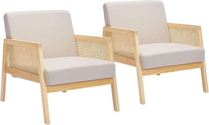 Mid Century Modern Accent Chair, Comfy Living Room Chairs with Sturdy Wood Legs, Rattan Backrest & Beige Thick Linen Cushion, Armchair for Bedroom Balcony Apartment (Beige-A) 2 PCS