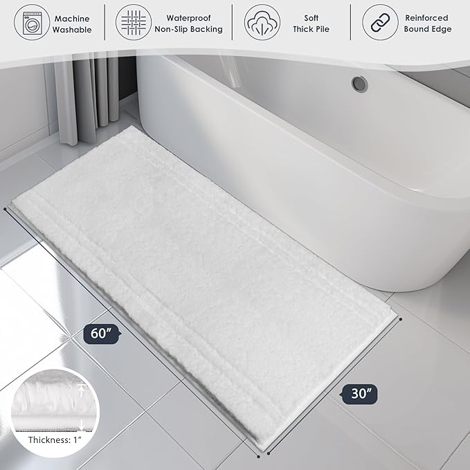 PURRUGS Bathroom Rug Non-Slip Machine Washable 30" x 60", Super Absorbent and Quick Dry Shaggy Microfiber Bath Mat, Extra Soft and Plush Bath Rug for Bathtub, Shower, and Sink, White