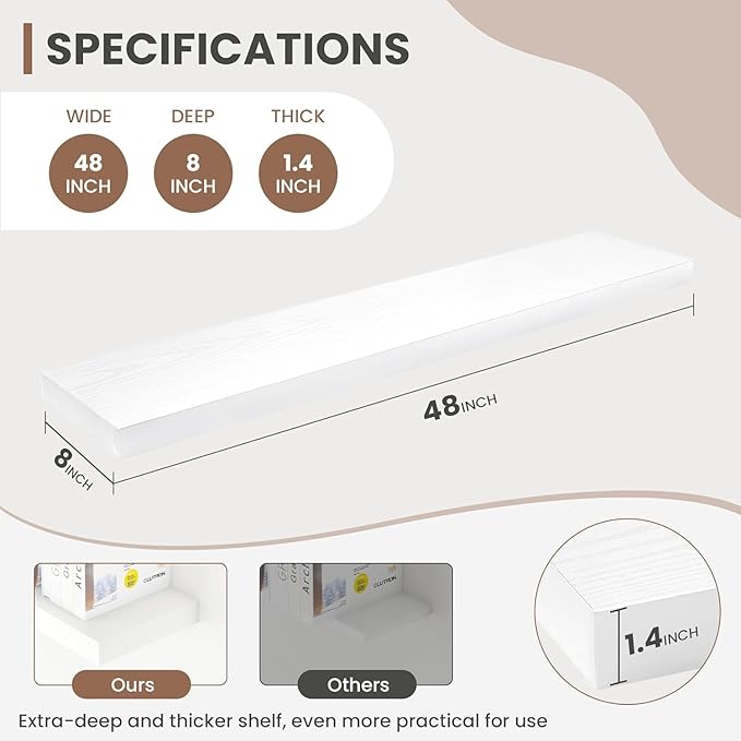 48 Inch Floating Shelves, 8 Inch Deep Floating Shelves for Wall, Hanging Shelf with Invisible Brackets, Deep Shelves for Bathroom, Bedroom, Living Room, White, Set of 2