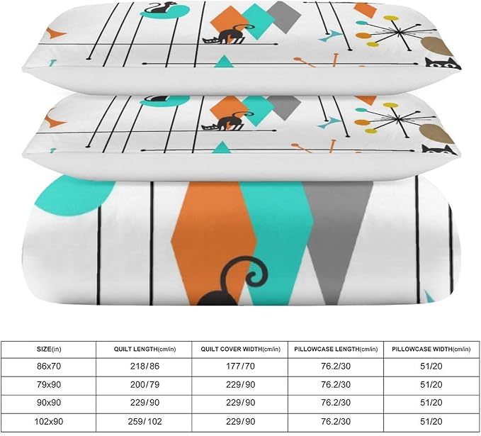 Mid Century Duvet Cover Sets Vintage Black Cat Modern Style Printed Lightweight Soft Quilt Cover Abstract Geometric Minimalist Soft Microfiber 3 Piece (1 Duvet Cover 90x90in + 2 Pillow Sham 20x30in)