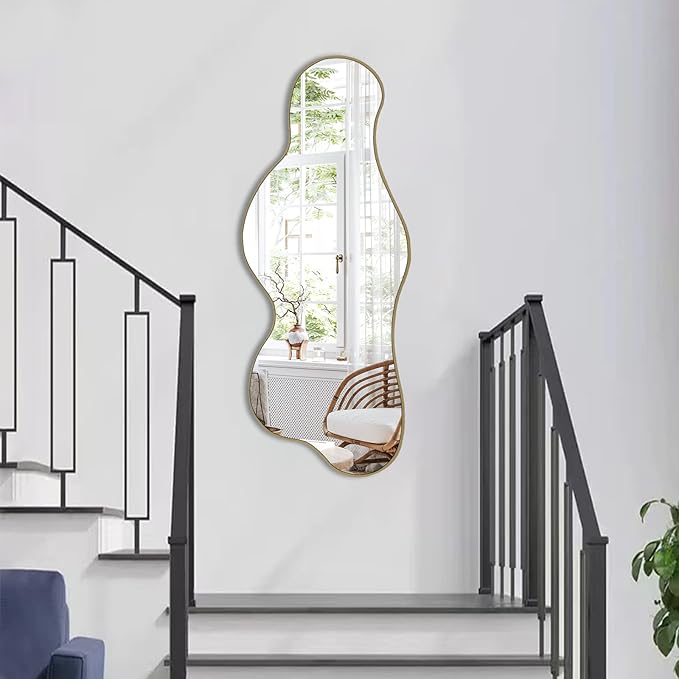 POZINO Irregular Wall Mirror, 39.3"x16" Asymmetrical Mirrors, Cloud Shaped Mirror, Gold Modern Abstract Mirrors for Bathroom Living Room Bedroom Entryway Hallway