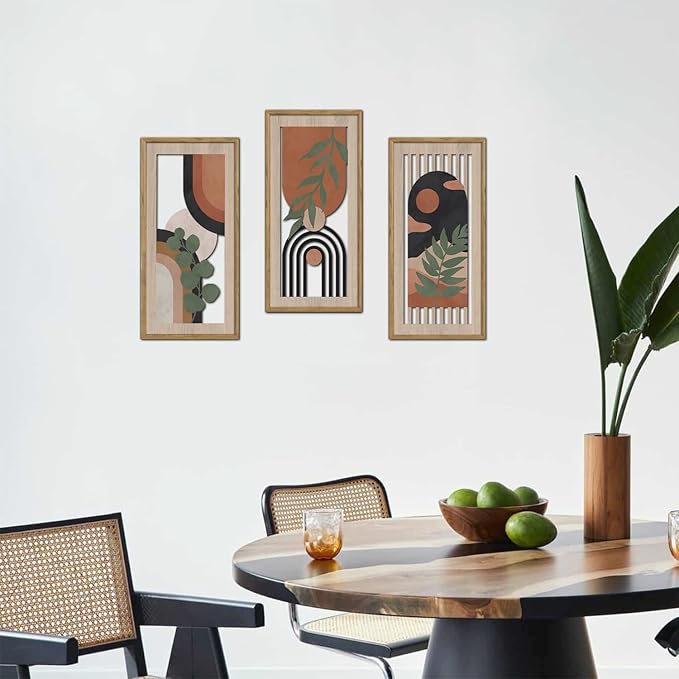 HPNIUB 3 PCS Boho Wall Decor, Minimalist Mid Century Sun Geometric Line Hanging Wood Sign for Living Room, 8x16Inch Modern Botanical Leaf Wooden Plaque for Apartment Bedroom Office Decoration