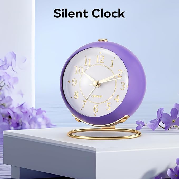 rjuwurv Metal Desk Alarm Clock, Retro Bedroom Table Vintage Analog Silent Non-Ticking Gold Alarm Clock, Bedside Decor(Violet Purple)
