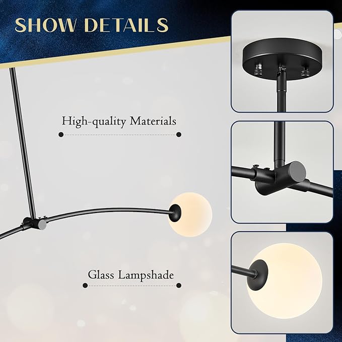 Mid Century Black Sputnik Chandelier Contemporary L45” 2 Lights Milk Glass Globe Ceiling Pendant Lighting Fixture for Kitchen Island Dining Room Home Office Bar