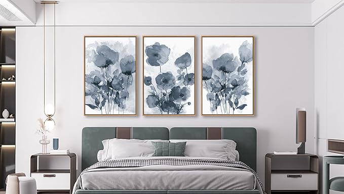 arteWOODS Botanical Framed Wall Art - Abstract Watercolor Style Pictures Grey Blue Floral Wall Decor Minimalist Prints Aesthetic Flowers Painting Artwork 20" x 28" Set of 3 Natural Framed
