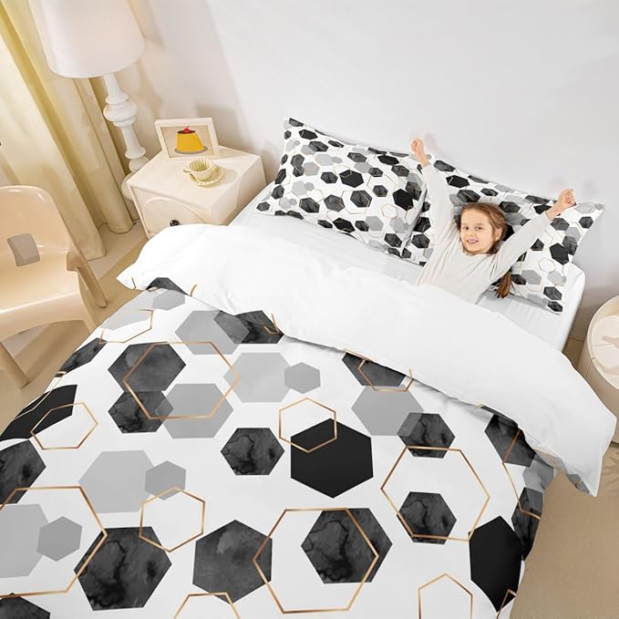 Erosebridal Black and Grey Duvet Cover for Bedroom - Marbling Geometric Art Kids Bedding, Minimalist Abstract Golden Striped Bed Sets for Home Decor, King 3 Pieces (No Comforter)