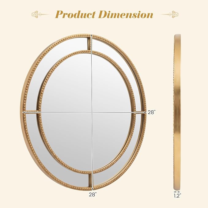 Tangkula 28" Gold Round Wall Mirror, Circle Decorative Modern with Beaded Frame for Living Room, Entryway, Fireplace, Bedroom, Vintage Mirror Wall Decoration