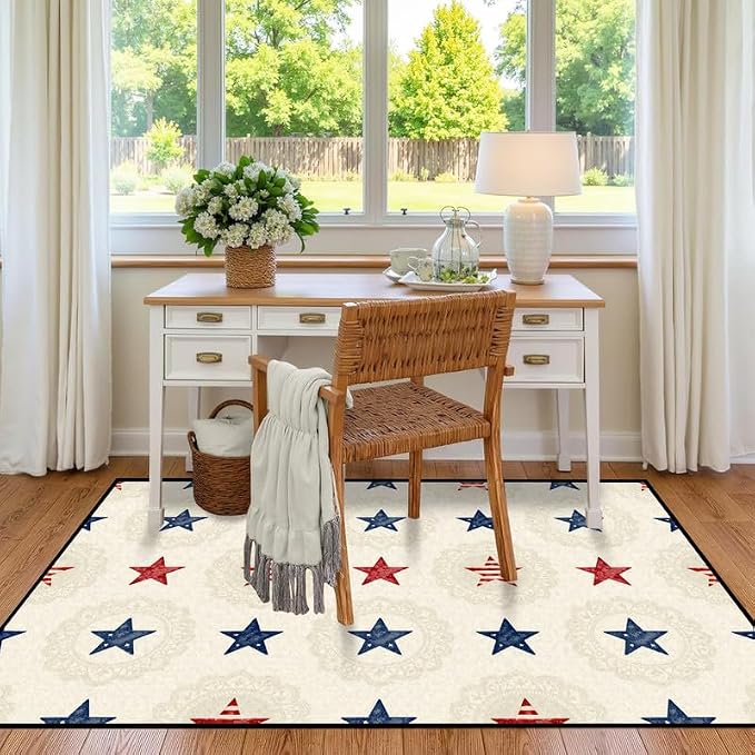 Star Area Rug 5'x7' Vintage Red Blue White Carpet Washable Low Pile Floor Mat Rugs for Bedroom Living Room Nursery Playroom Classroom Home Decor