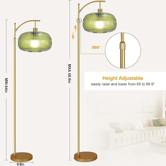 Glass Floor Lamp for Living Room,Bedroom,Gold Mid Century Modern Standing Lamp with Remote,Dimmable Brass Tall Lamp Vintage Retro Green Arc Flower Floor Light Boho Bohemian