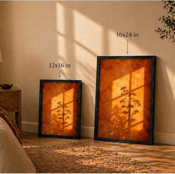 Framed Sunset Wall Art, Orange Window Shadow Poster Print, Minimalist Botanical Silhouette Picture Painting, Modern Aesthetic Picture Wall Decor for Bedroom Living Room 12x16 Inches