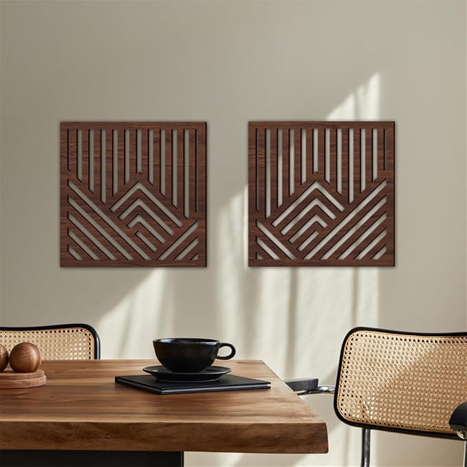 Geometric Mountain Wood Wall Art Decor, 2 Pcs Modern Mountain Wall Sculptures Wooden Square Hanging Abstract Panels, 3D Square Hollow Wood Art Wall Decor for Home Office Living Room Bedroom (Brown)