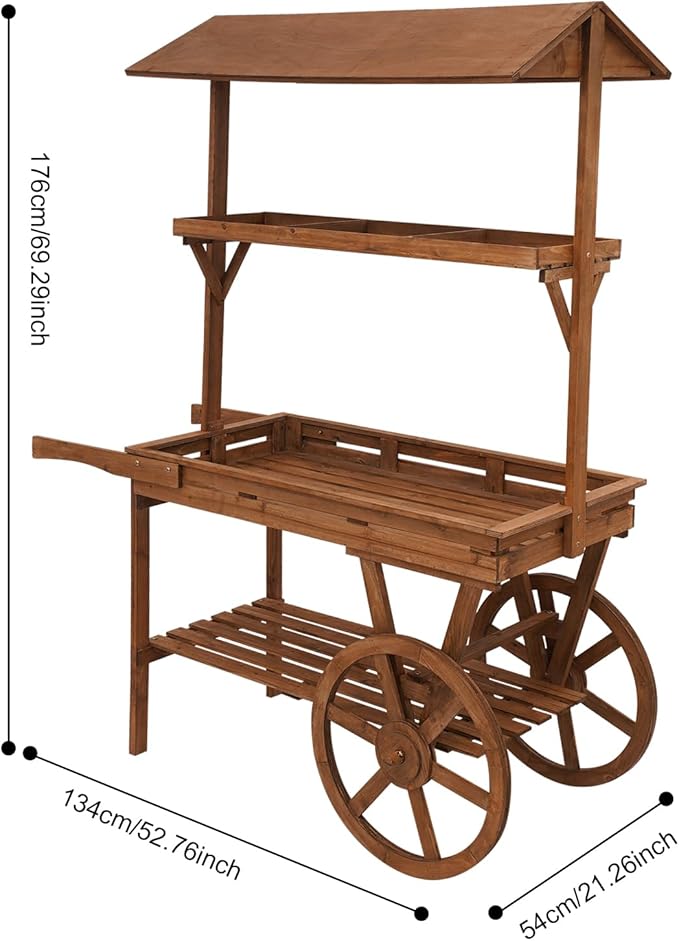 3-Tier Retro Flower Display Cart, Rolling Plant Stand Cart 55lbs Capacity, Wooden Tiered Shelf with Wheels for Indoor Plants, Flowers, Home Decor (Brown)