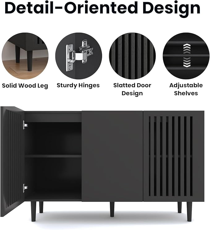 CHUWELL Modern Storage Cabinet, 47.2" Buffet Cabinet with 3 DIY Doors and Adjustable Shelf, Sideboard Coffee Bar with Solid Wood Feet for Kitchen,Dining Room,Living Room,Black