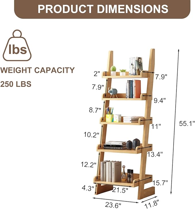 Ladder Shelf Bookcase, 5 Tier Wooden Ladder Bookshelf Space-Saving, Freestanding Storage Rack Organizer for Living Room, Home Office and Bedroom, Wood Color