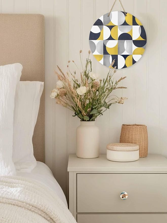 Welcome Sign for Front Door Mid Century Geometric Wood Door Hanger for Outdoor Outside Porch,12 Inch Round Wooden Wreath Indoor Wall Hanging Decoration, Abstract Modern Yellow